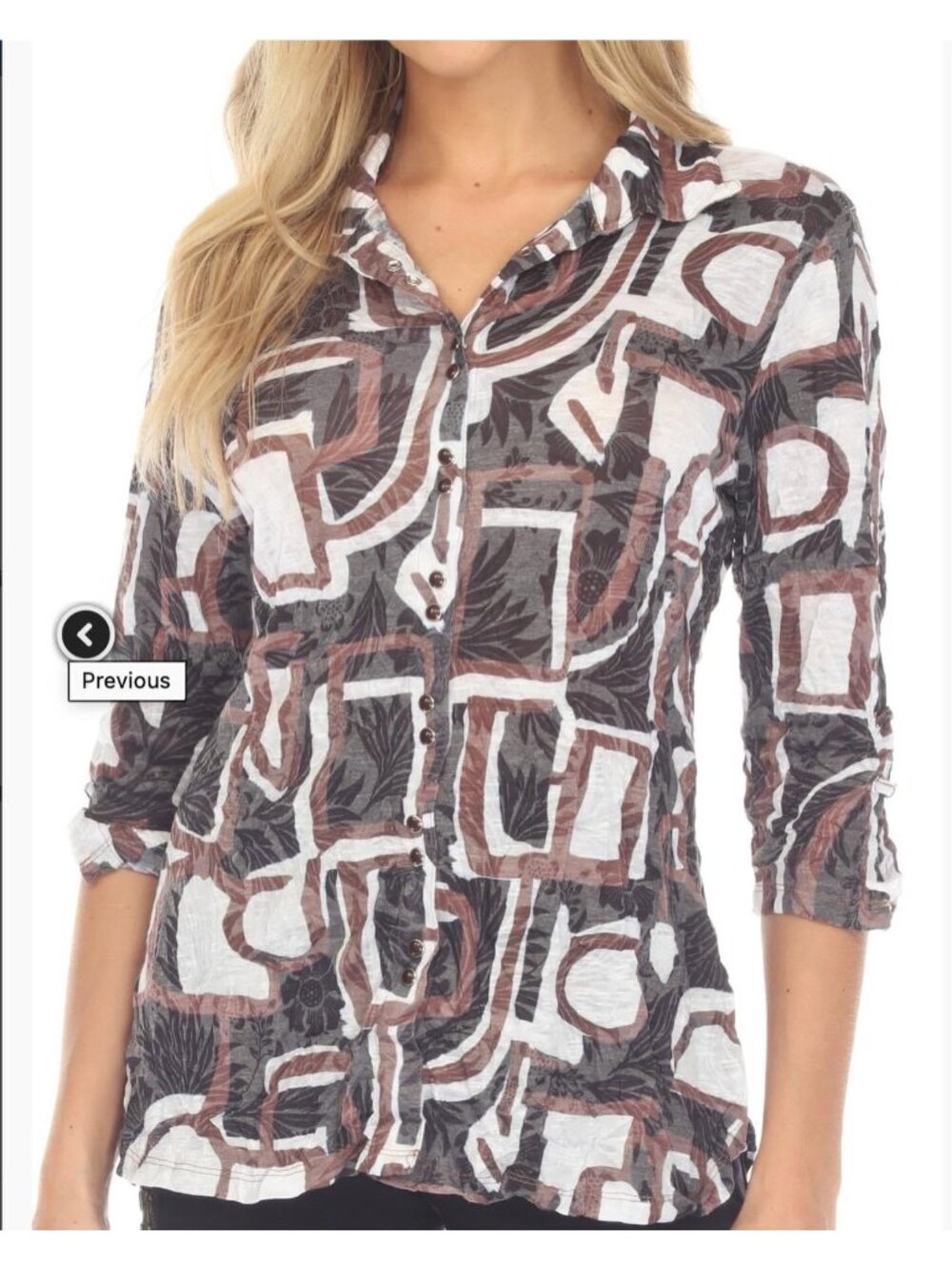 Carine Women's Black Brown Crinkle Knit Burnout Wash Top Size Large 3/4 Sleeves